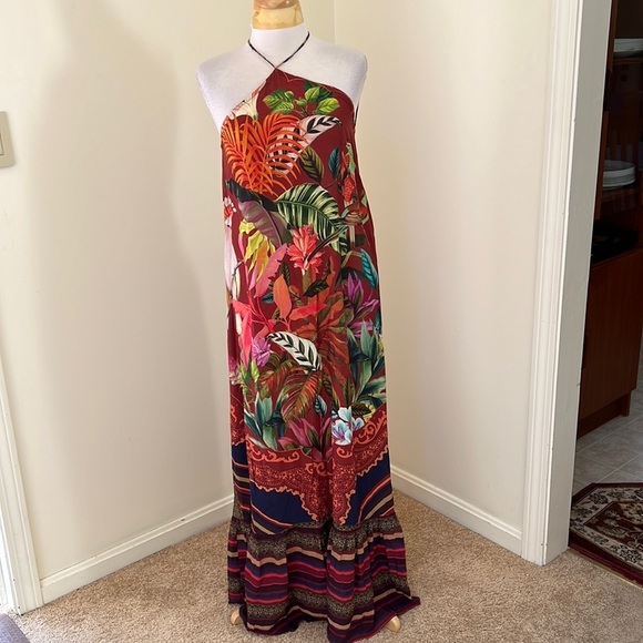 FARM Size S Mackaw leaves tropical halter backless long dress - Picture 1 of 11